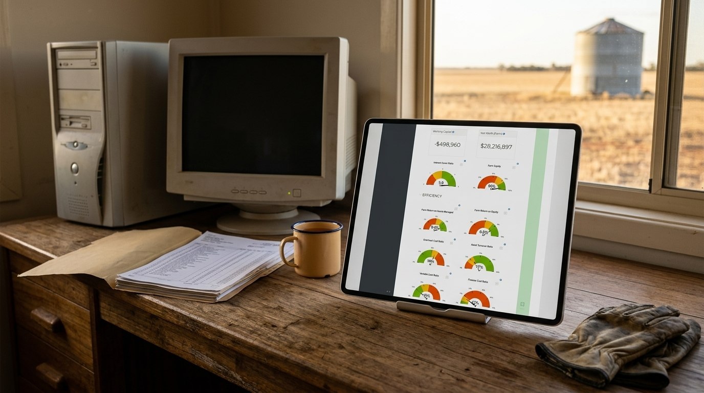An Australian farm office at golden hour: an old desktop PC and CRT monitor switched off beside a tablet showing the P2PAgri KPI dashboard, with cropping paddocks and a grain silo through the window