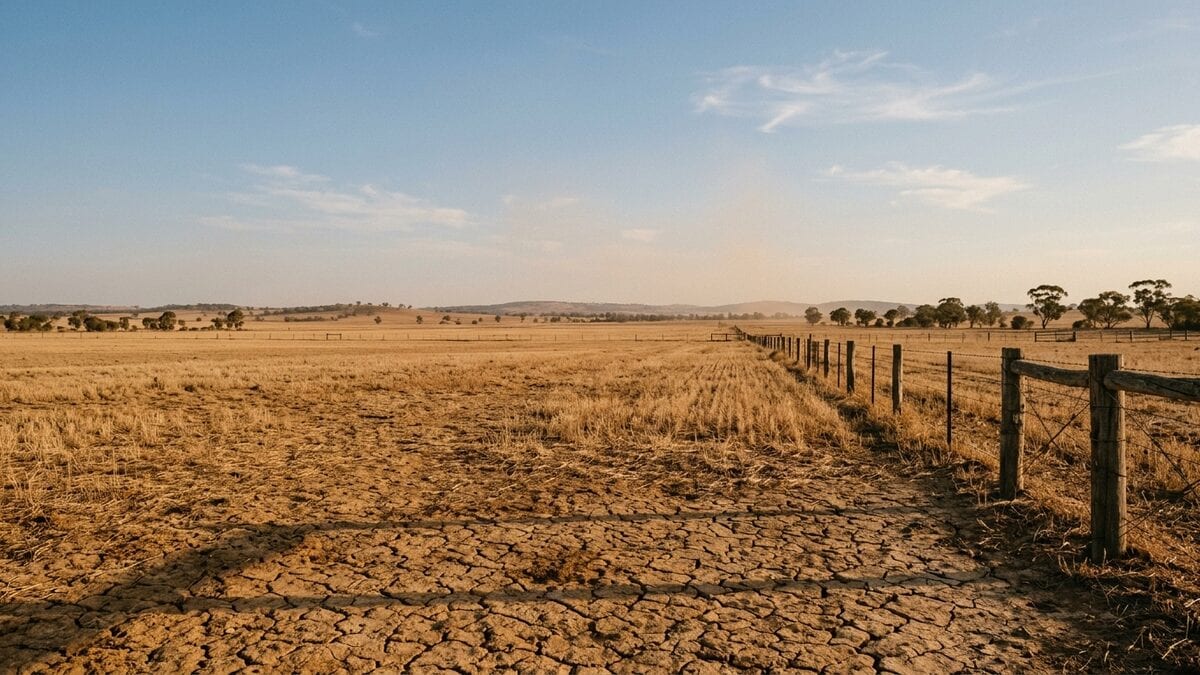 Dry cracked paddock and weathered fence at sunrise across an Australian farm, illustrating El Niño drought planning for 2026