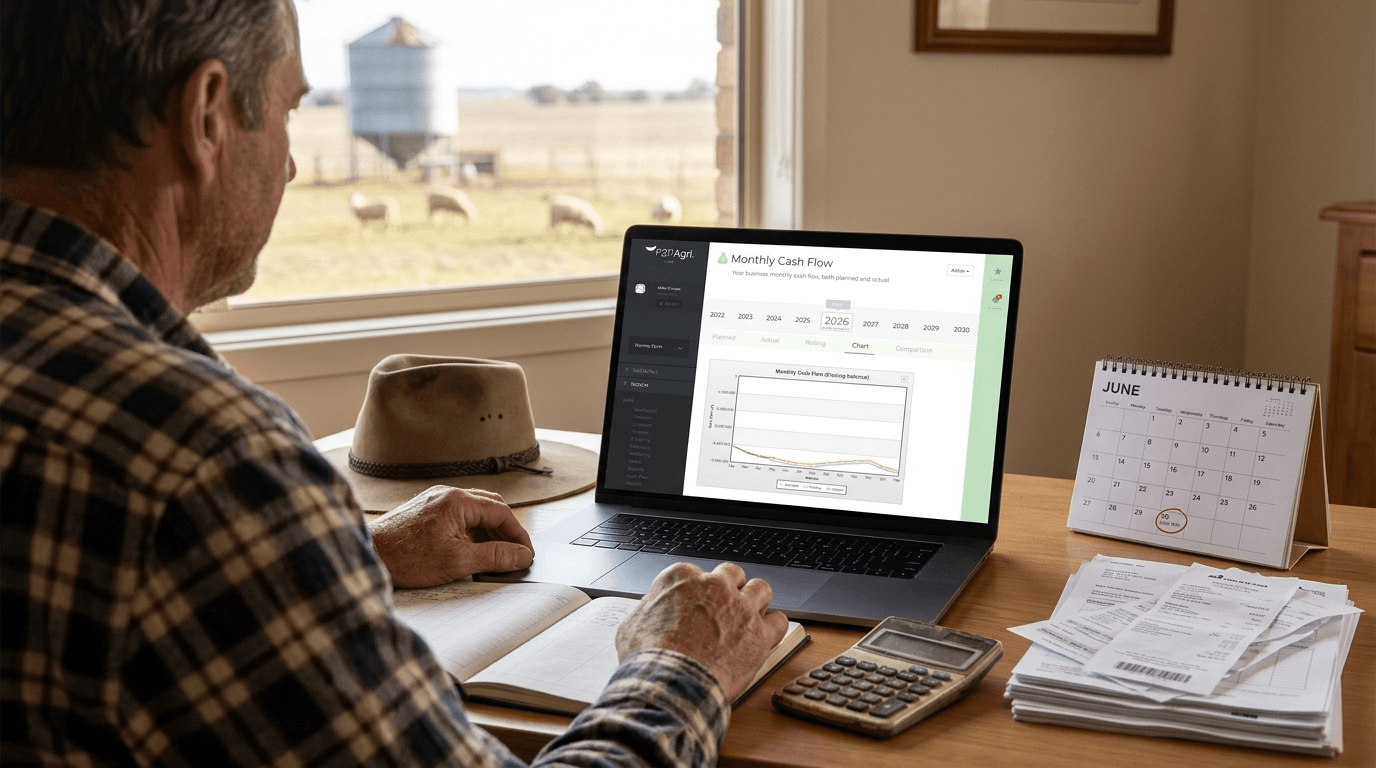 An Australian farmer reviewing financial paperwork and receipts with a calculator at a farmhouse kitchen table in winter light, illustrating end of financial year tax planning