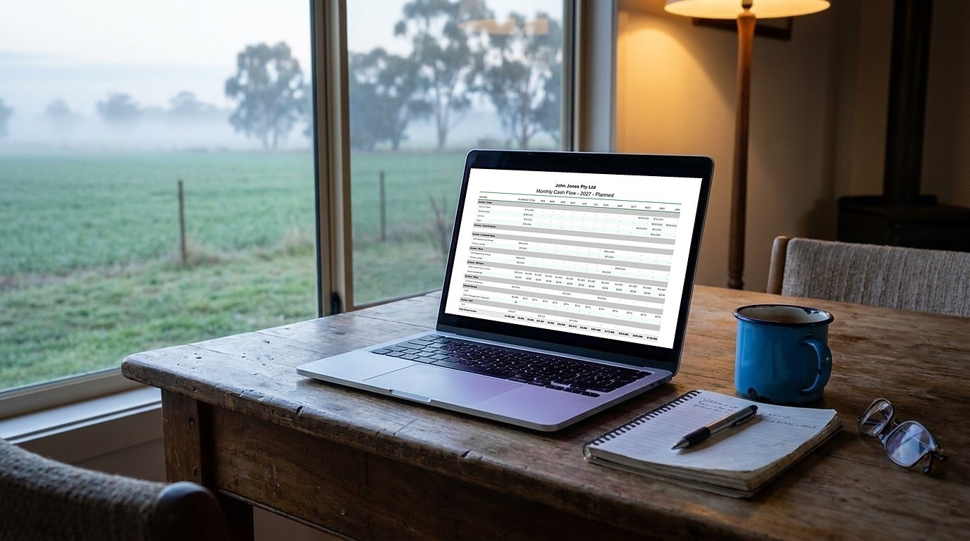 A laptop on an Australian farmhouse kitchen table at dawn showing a P2PAgri monthly planned cash flow report, with a misty green winter crop through the window