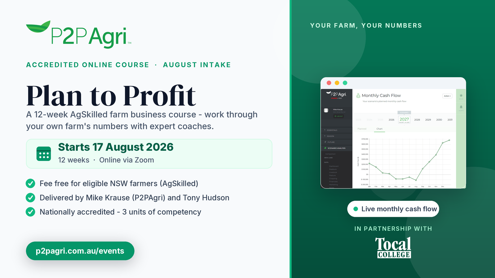 Plan to Profit farm business course with Tocal College, starting 17 August 2026, shown on the P2PAgri monthly cash flow screen