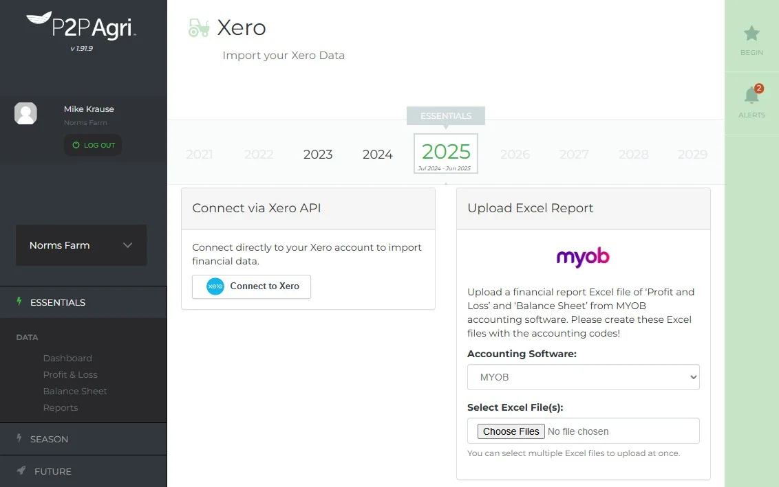 P2PAgri accounting data import page showing Xero API connection and MYOB Excel upload options