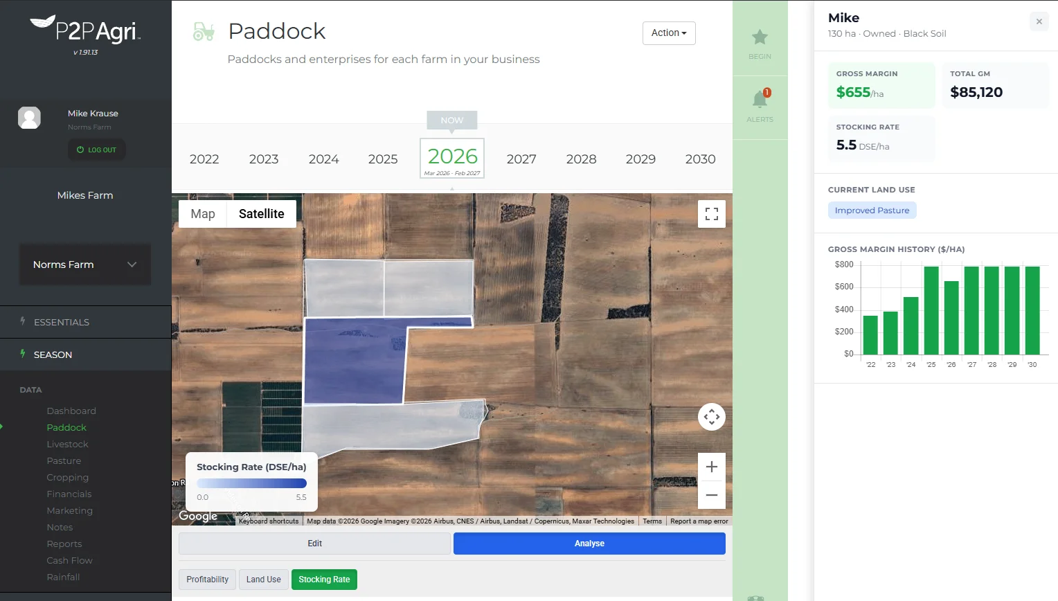P2PAgri stocking rate overlay showing DSE per hectare across pasture paddocks