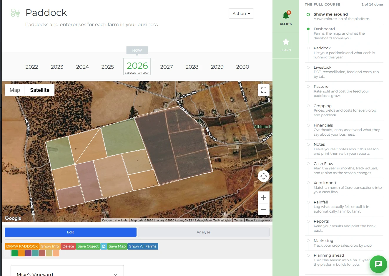 P2PAgri Paddock screen with the Learn panel open showing the full walkthrough course catalogue