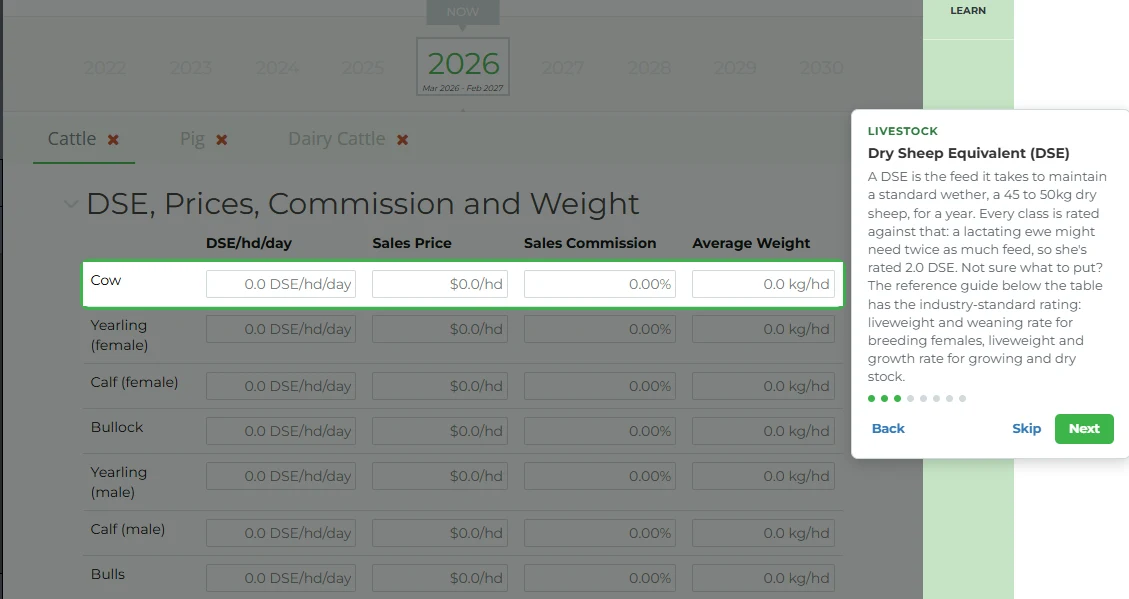 P2PAgri livestock walkthrough explaining Dry Sheep Equivalent ratings next to the livestock table