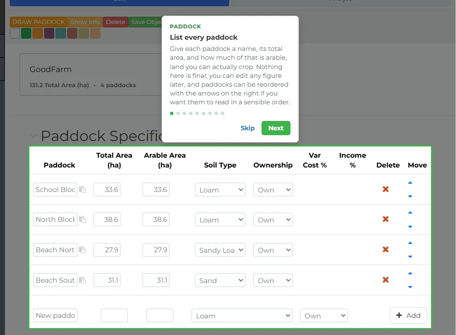 P2PAgri guided walkthrough step pointing at the paddock list with plain-English instructions