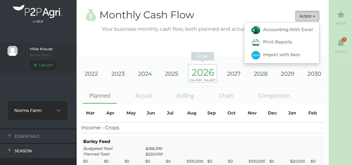 P2PAgri Xero integration showing one-click data sync from cash flow action menu