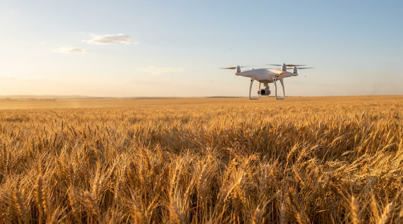 Golden Australian wheat field at sunset with an agricultural survey drone hovering above the crop
