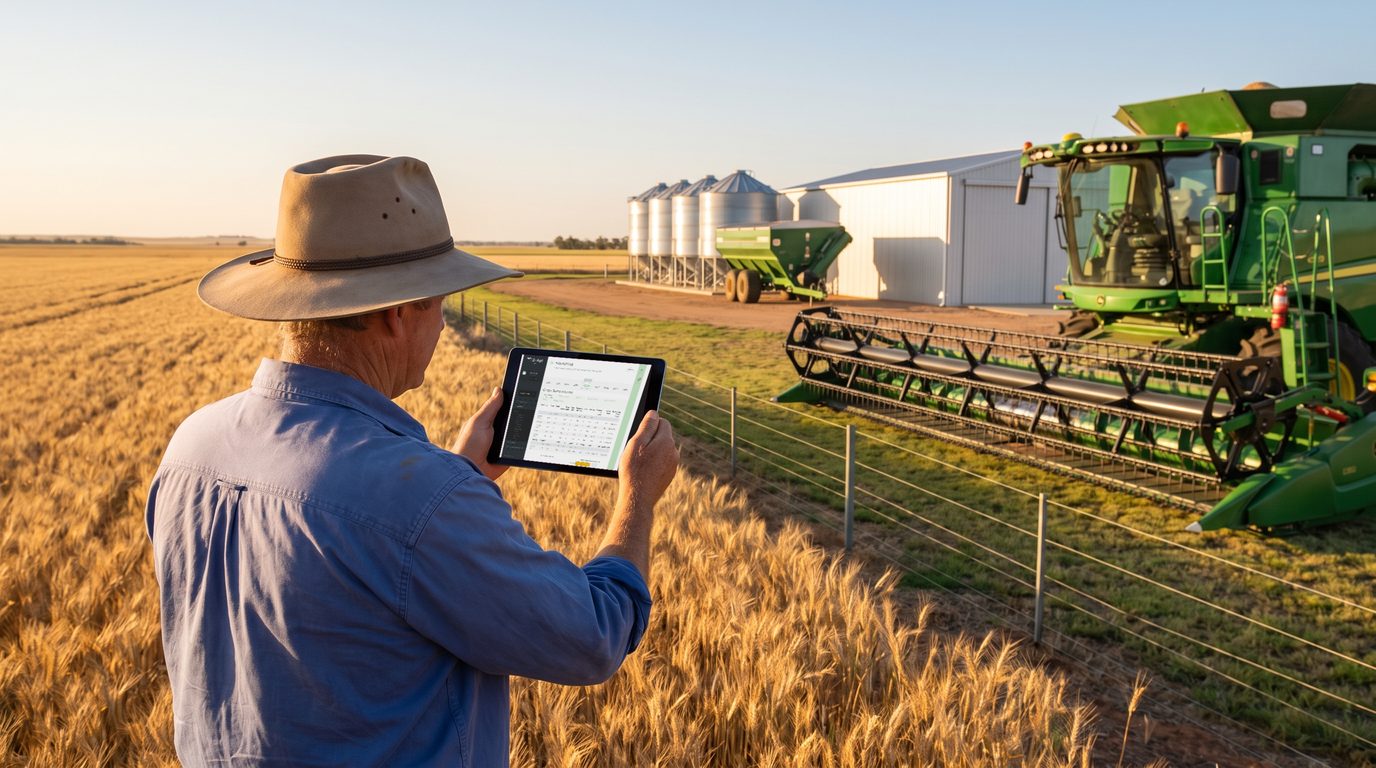 Over-the-shoulder view of a grain grower in a blue work shirt and wide-brim hat holding a tablet showing the P2PAgri Crops Sales Record, beside a green header with a draper front at the edge of a golden wheat paddock, with galvanised silos and a chaser bin behind in late-afternoon light