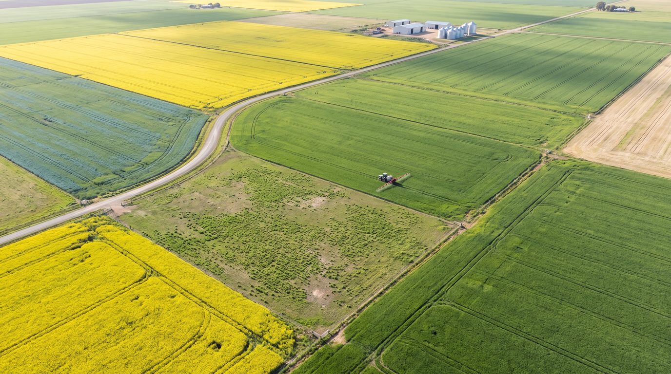 Drone view over a patchwork of Australian cropping paddocks, with yellow canola, green wheat, blue-green lupins and pale stubble either side of a gravel road. One paddock is visibly thinner and patchier than its neighbours, a boom spray is working a wheat paddock, and modern sheds and silos stand in the distance.