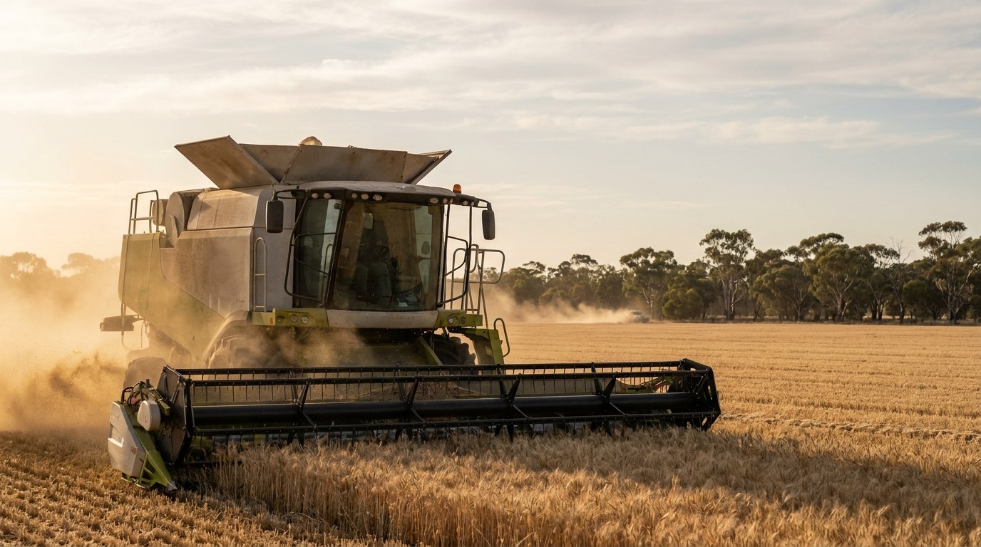 A grain harvester working a ripe wheat crop on an Australian broadacre farm at golden hour, dust and chaff trailing behind it