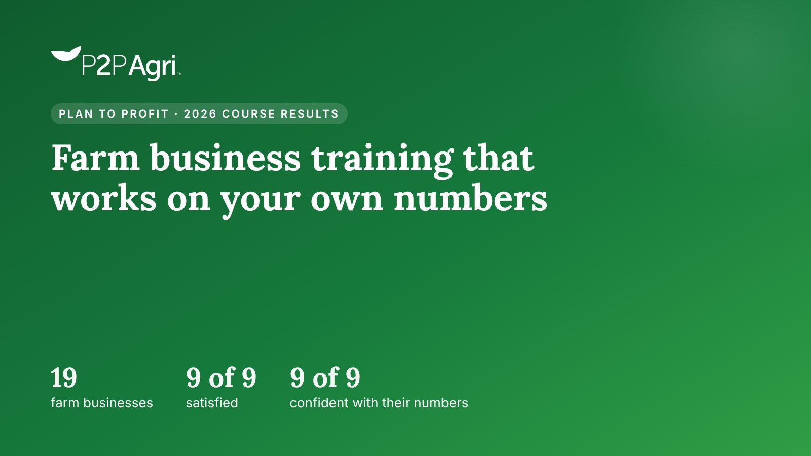 P2PAgri Plan to Profit 2026 course results: farm business training that works on your own numbers. 19 farm businesses, 9 of 9 satisfied, 9 of 9 confident with their numbers