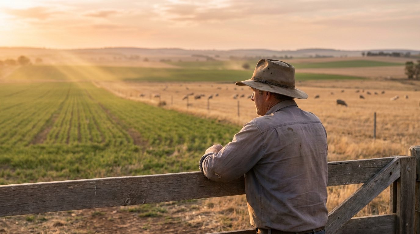 Australian farmer in a wide-brim hat leaning on a wooden farm gate at golden hour, looking out over green crop paddocks and grazing sheep