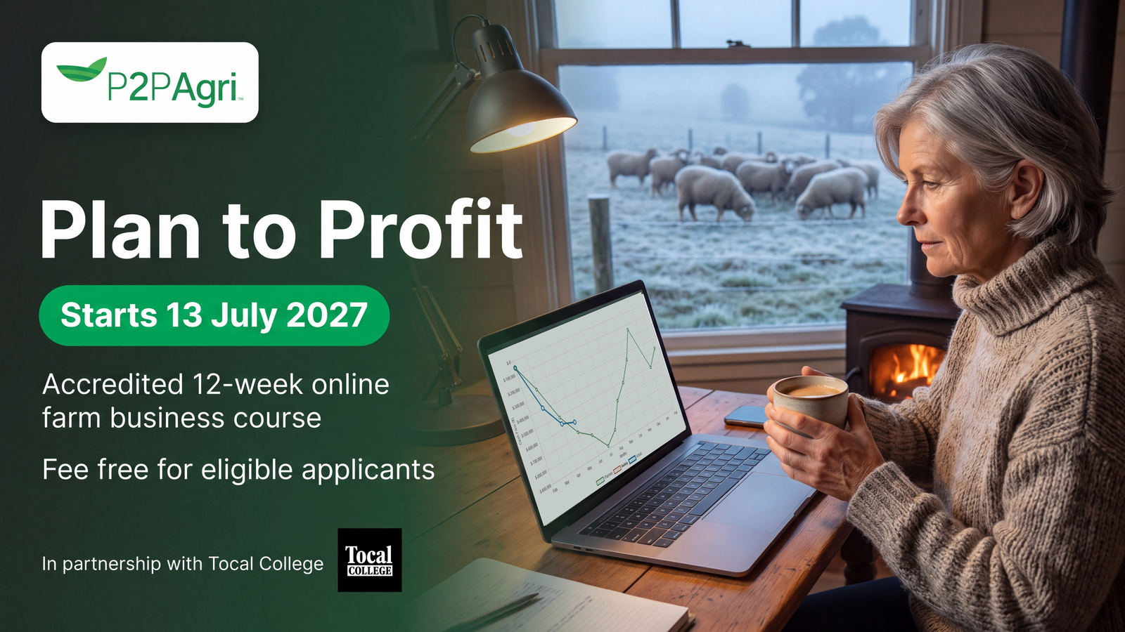 A farmer with a cup of coffee beside a wood heater, looking at a P2PAgri planned versus actual cash flow chart on a laptop, with merino sheep in a frosty paddock outside. Plan to Profit with Tocal College starts 13 July 2027