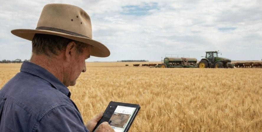 Australian farmer using P2PAgri on tablet - refer a farmer and earn credit