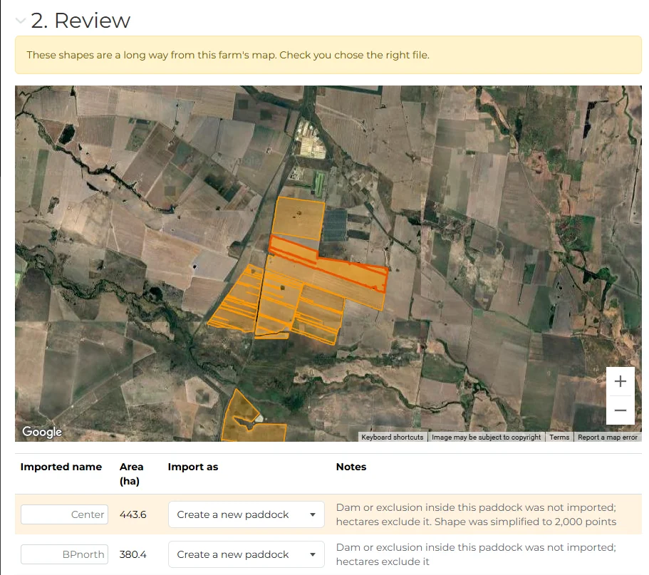 P2PAgri paddock import review step showing imported paddock boundaries in orange over satellite imagery, with a table of each paddock's name, hectares and import action