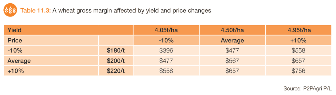 Farming the Business Table 11.3, a wheat gross margin affected by yield and price changes. Yields of 4.05, 4.50 and 4.95 tonnes a hectare run across the top and prices of $180, $200 and $220 a tonne down the side. The gross margin is $567 a hectare at the average yield and price, falls to $396 when both are 10 per cent lower and rises to $756 when both are 10 per cent higher.