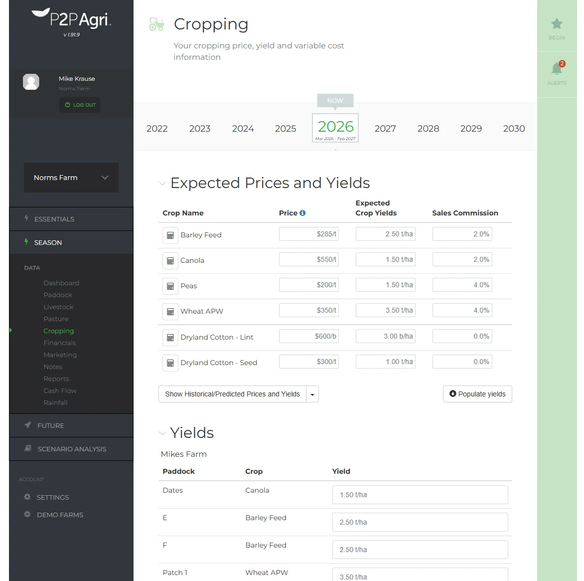 P2PAgri Cropping screen for the 2026 season showing expected prices, expected yields and sales commissions for barley, canola, peas, wheat and dryland cotton, with a Yields table below listing each paddock, the crop sown on it and its yield in tonnes per hectare