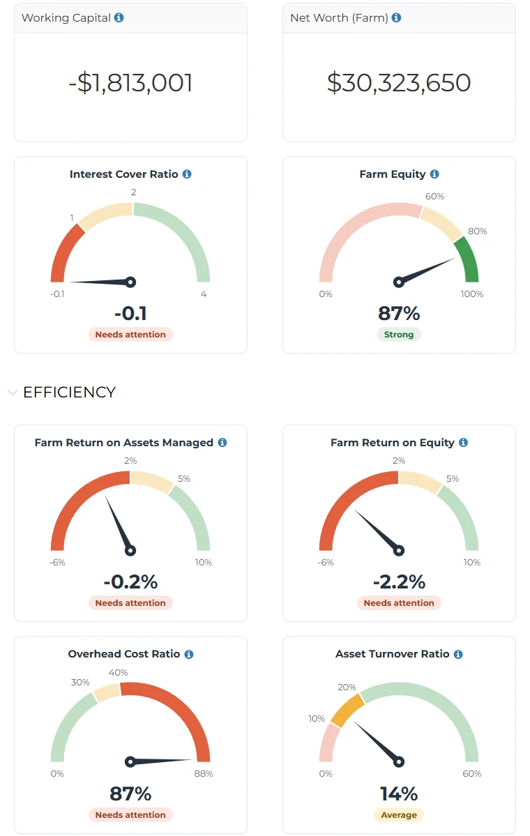 P2PAgri dashboard showing key bank ratio dials including equity ratio with colour-coded performance indicators